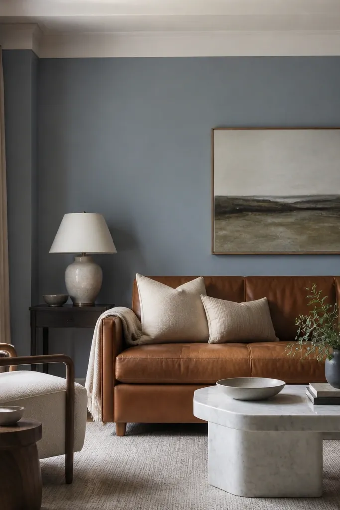 Living room with blue-gray walls, a brown leather sofa, and a white marble coffee table. The blue-gray looks calm, not stormy.