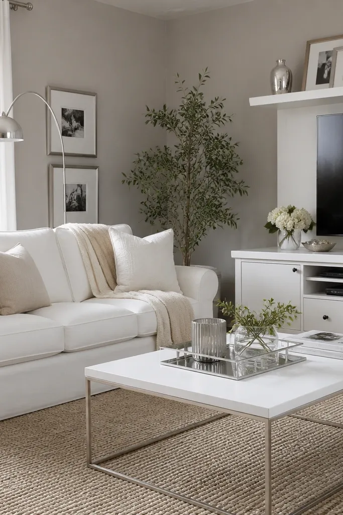 Living room with warm light gray walls, white built-ins, and a light gray area rug. The walls look soft and evenly lit.