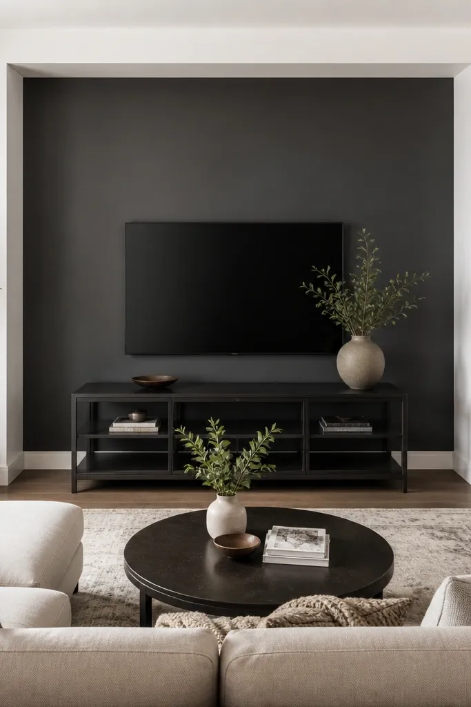 Living room with a charcoal accent wall behind a flat-screen TV, white side walls, and a black metal media console. The TV area looks framed.