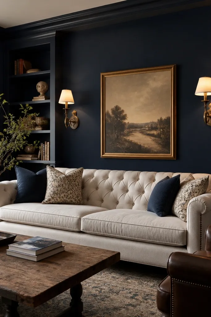 Living room with deep navy walls, brass sconces, a tufted cream sofa, and dark wood shelves. The navy looks velvety under warm lighting.