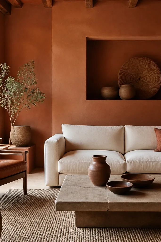 Living room with terracotta clay walls, a cream sofa, tan leather chair, and woven baskets. The color looks warm and sunbaked.