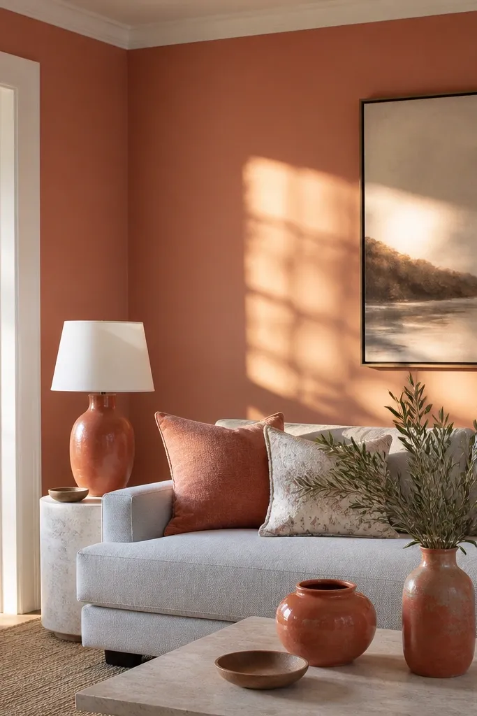 Living room with muted coral walls, white trim, a light gray sofa, and coral-toned ceramic vases. The walls glow in late-day light.