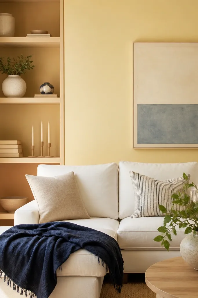 Living room with butter yellow walls, white sofa cushions, light wood shelving, and a navy throw. The yellow looks soft, not bright.