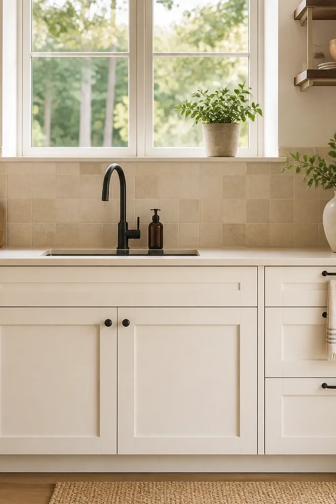 White shaker cabinets with a sandy beige backsplash and light counters