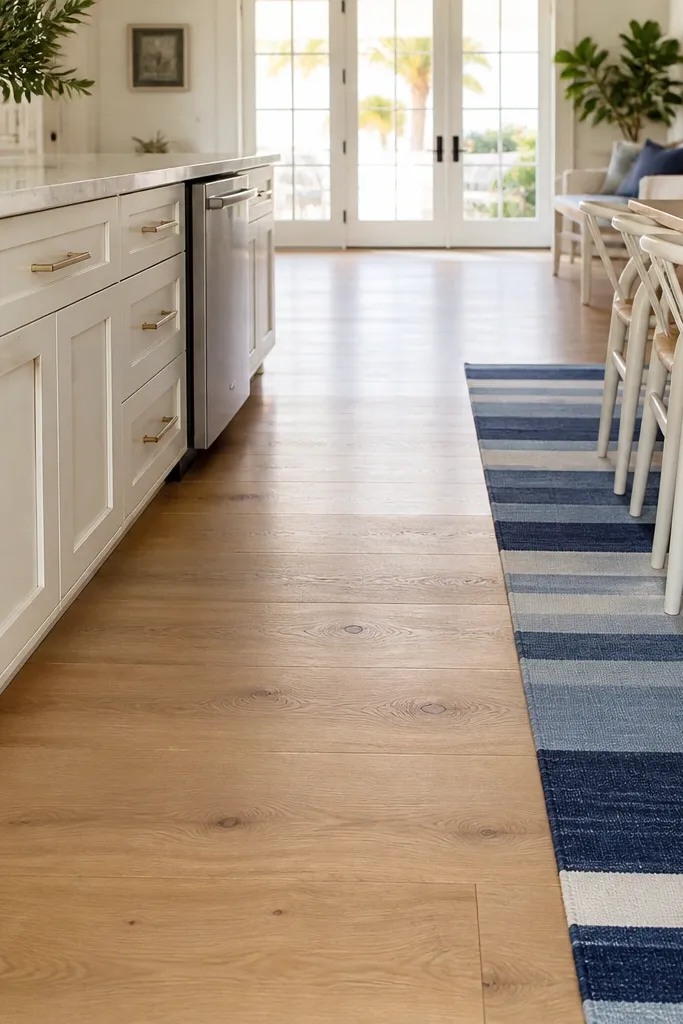 Light oak floor with white counters and a blue striped runner on the floor