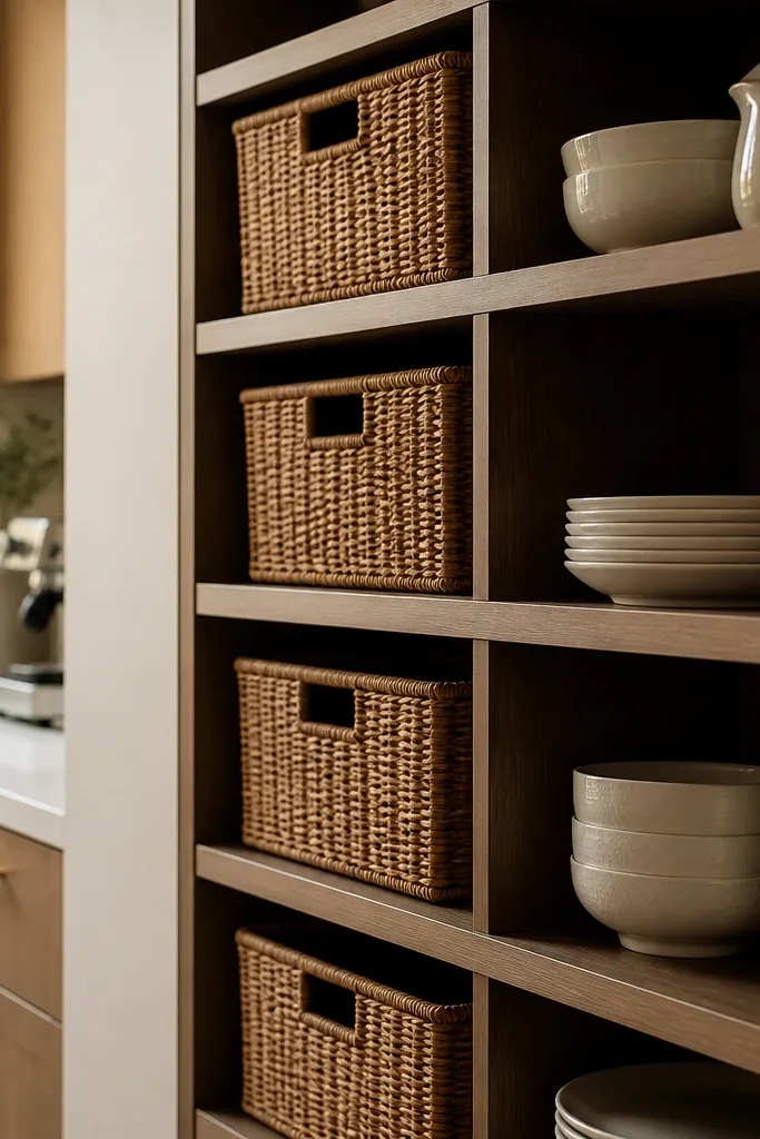Open shelves with white dishes and woven baskets under them