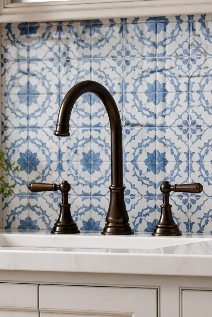 Blue and white tile backsplash with a bronze faucet and light counters