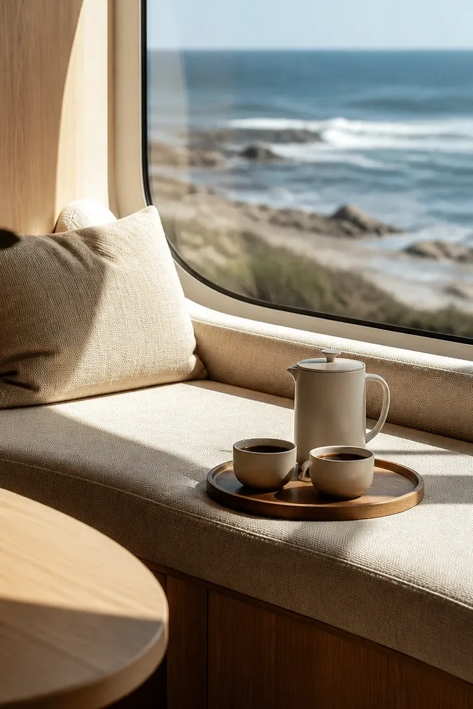 Small coffee nook with a curved window seat and light coastal decor
