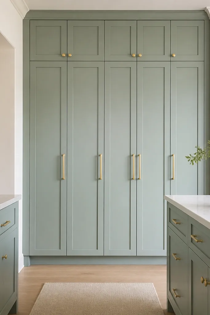 Tall seafoam pantry cabinets with gold pulls and light surrounding walls