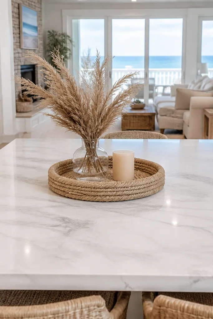 White marble-look counters with a rope-edged tray and small coastal items
