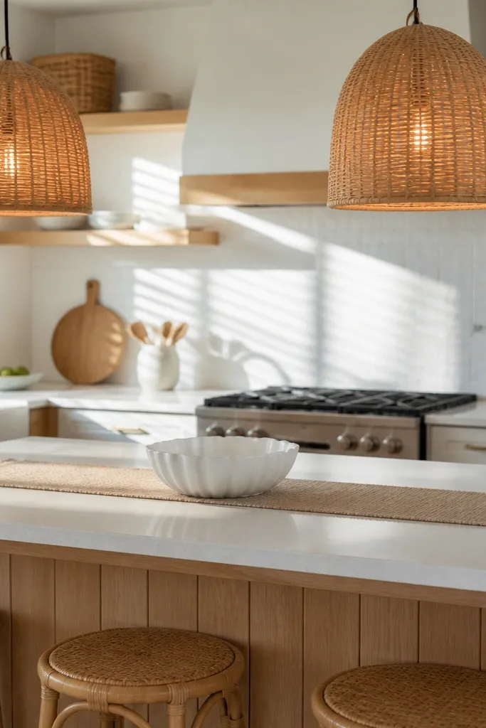 Rattan pendant lights hanging over a kitchen island with light cabinets