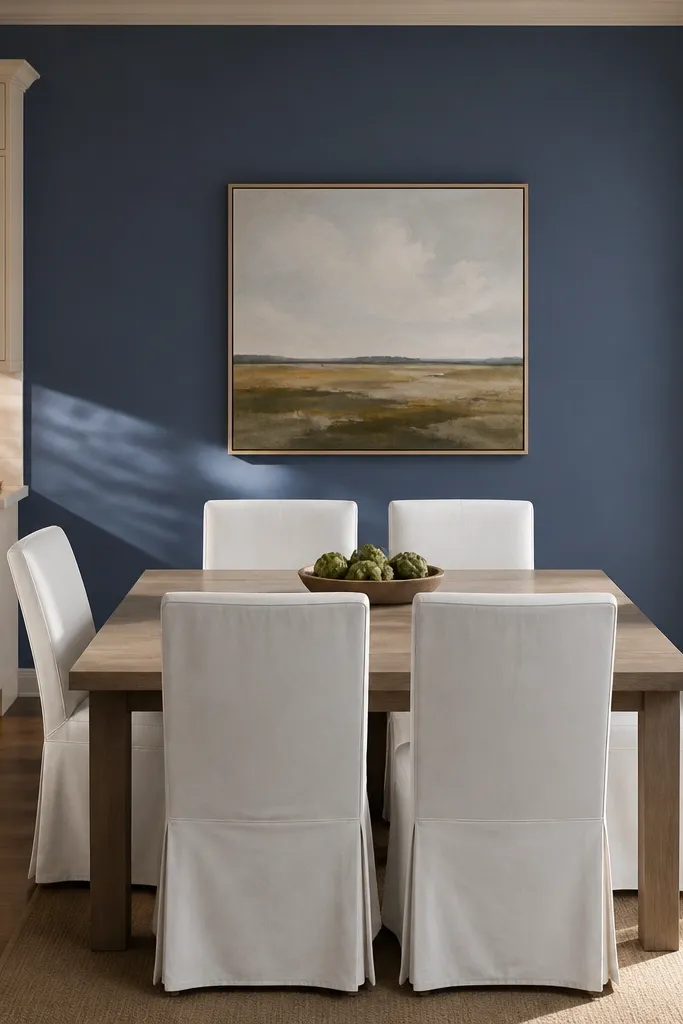Soft blue accent wall behind a dining table with white chairs