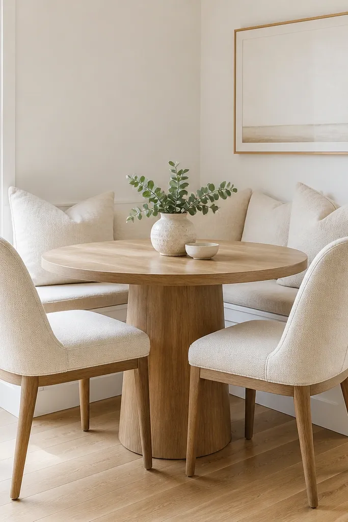 Corner breakfast nook with a round table and light cushioned bench