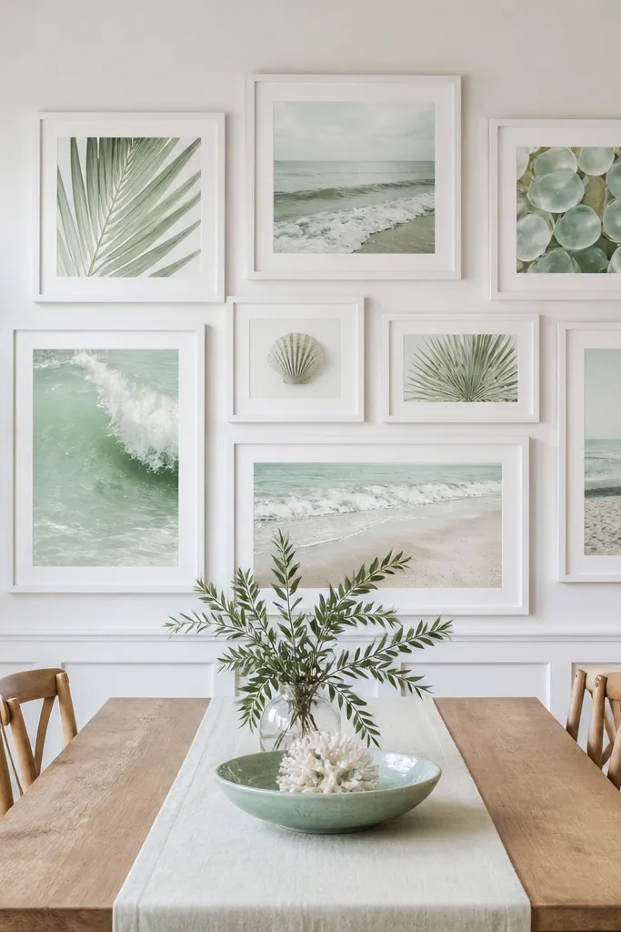 Dining wall with white frames and one sea glass colored accent