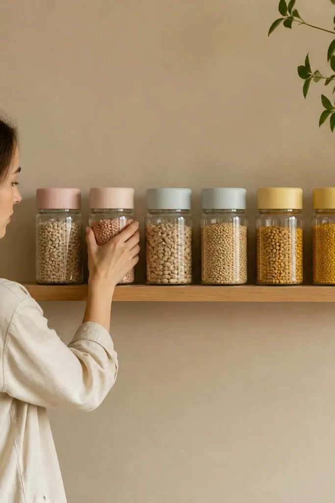 Warm white shelves with oat wood accents holding powder pink and pale blue jars