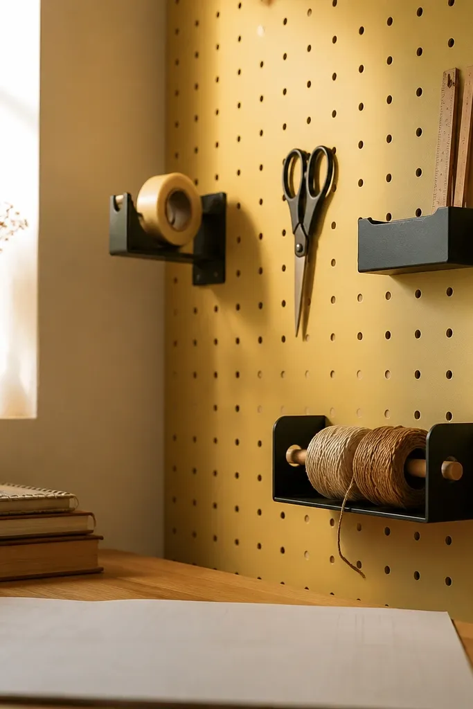 Butter yellow pegboard with matte white hooks holding pastel tools and twine