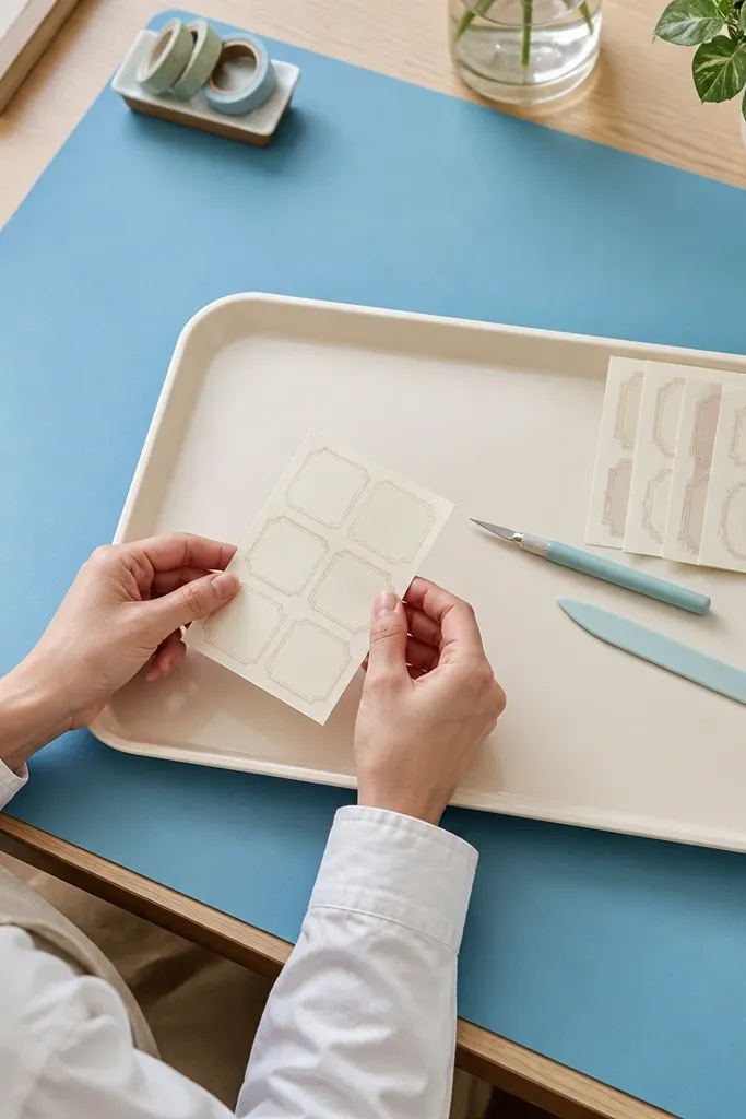 Sky blue desk mat with a warm white tray holding scissors, ruler, and glue