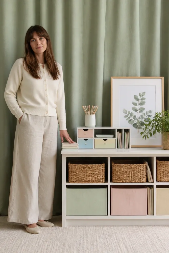 Sage fabric curtain backdrop with pastel bins and a small craft chair