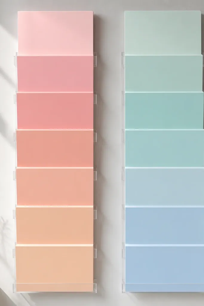 Two-column display of pastel paper pads in matching holders with light labels