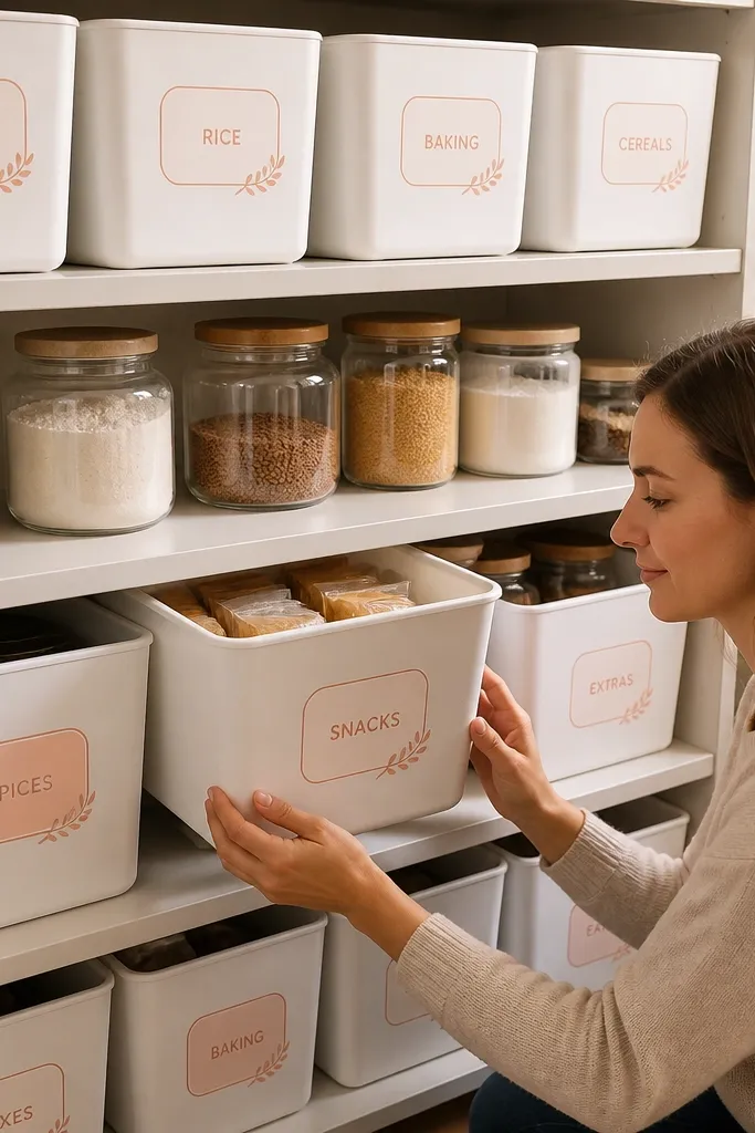 White bins with peach and blush labels arranged neatly under a craft desk
