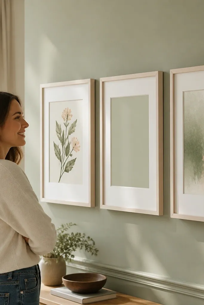 Small gallery wall of pastel prints in matching light frames above craft table