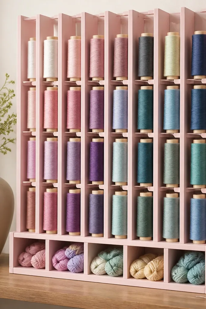 Soft pink vertical thread organizer with pastel spools in tidy rows