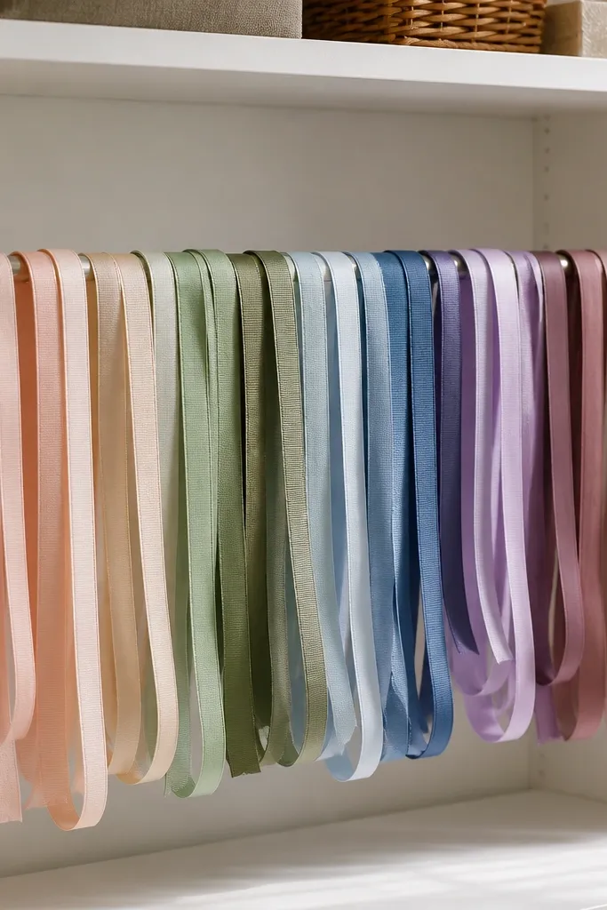 Ribbon wall on a tension rod with pastel ribbons neatly looped and color grouped