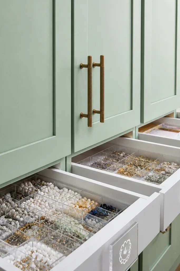 Mint storage cabinet with clear acrylic labels on drawers and pastel supplies inside