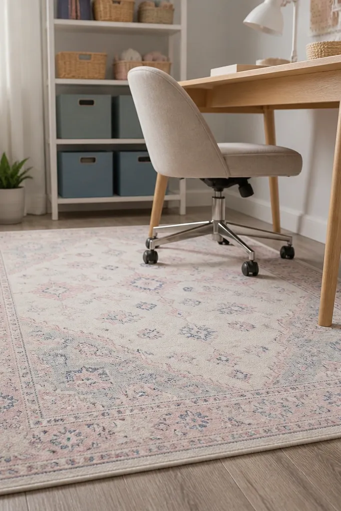 Pastel patterned rug under a craft chair with warm white floor and light furniture