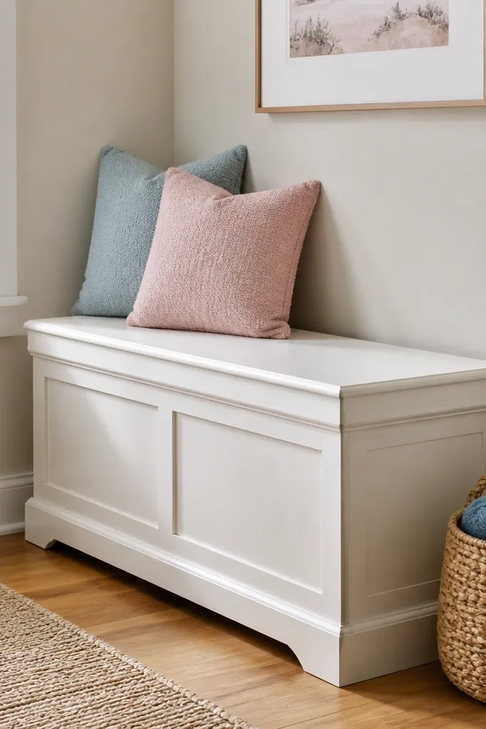 Warm white bench with mint and blush cushions and hidden storage for craft supplies