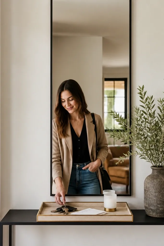 Tall arched mirror above a narrow console with a black tray and brass accents