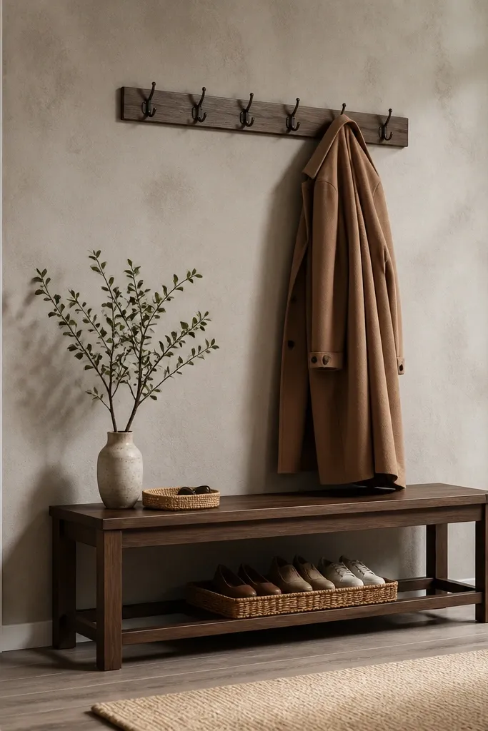 Wood bench with a cushion and wall hooks above for coats, with a basket underneath