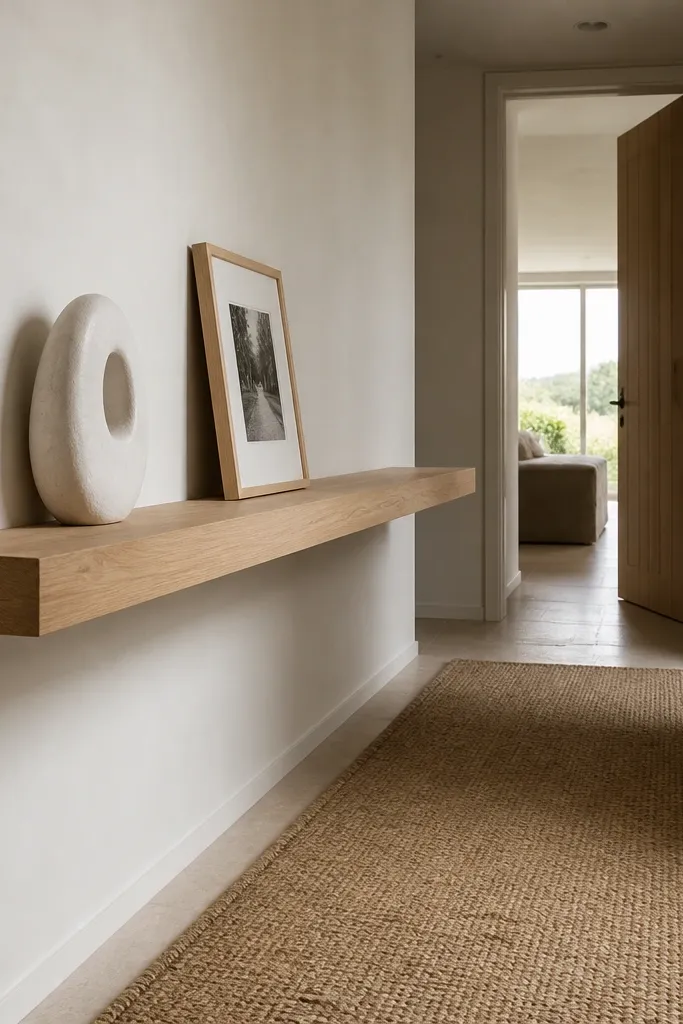 Small floating shelf above a runner with a single ceramic vase and framed