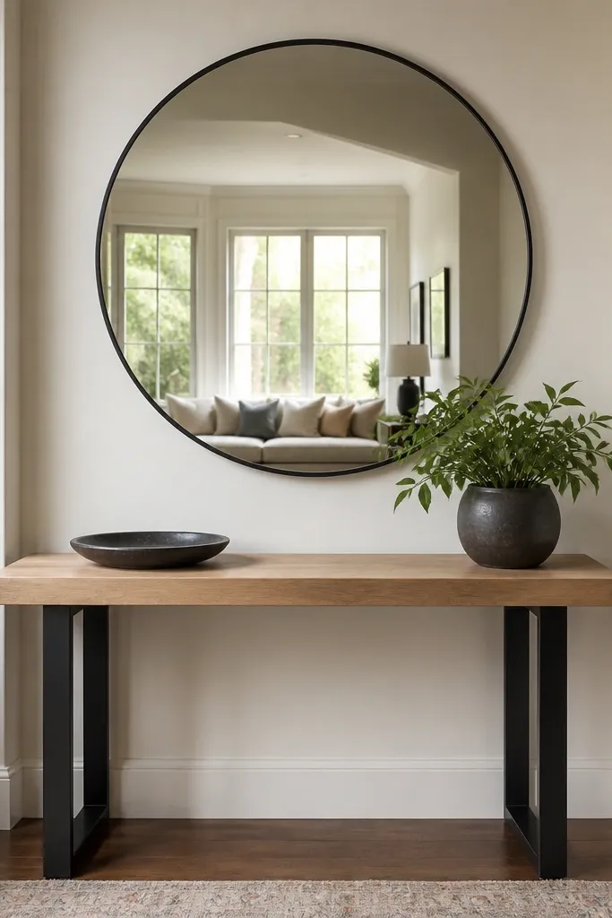 Round mirror above a light wood console with black legs and a small vase