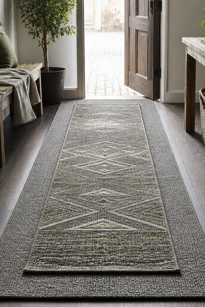 Flatwoven runner under a patterned runner with a small console and basket