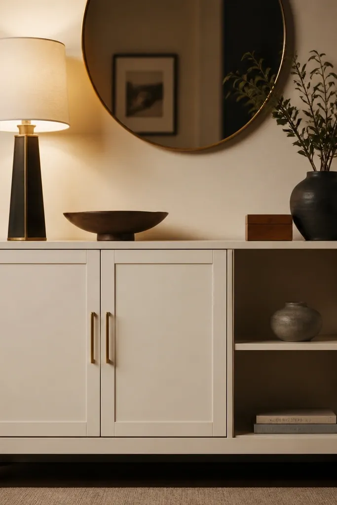 Console with closed cabinets below and one open shelf above with a vase and tray