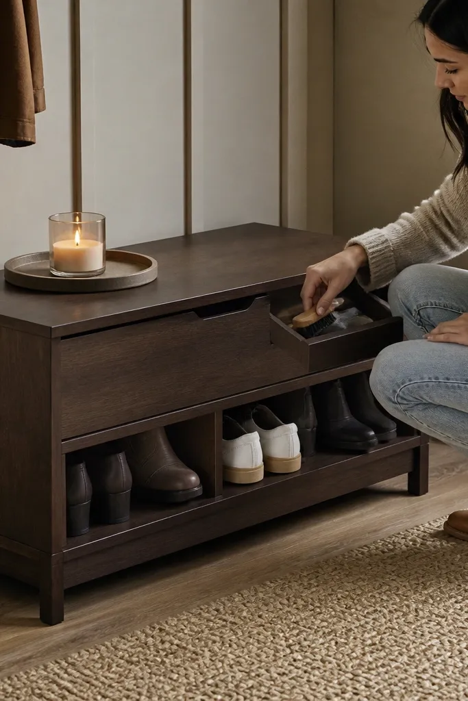 Shoe storage bench with flip lid, hidden compartments, and a small mirror nearby