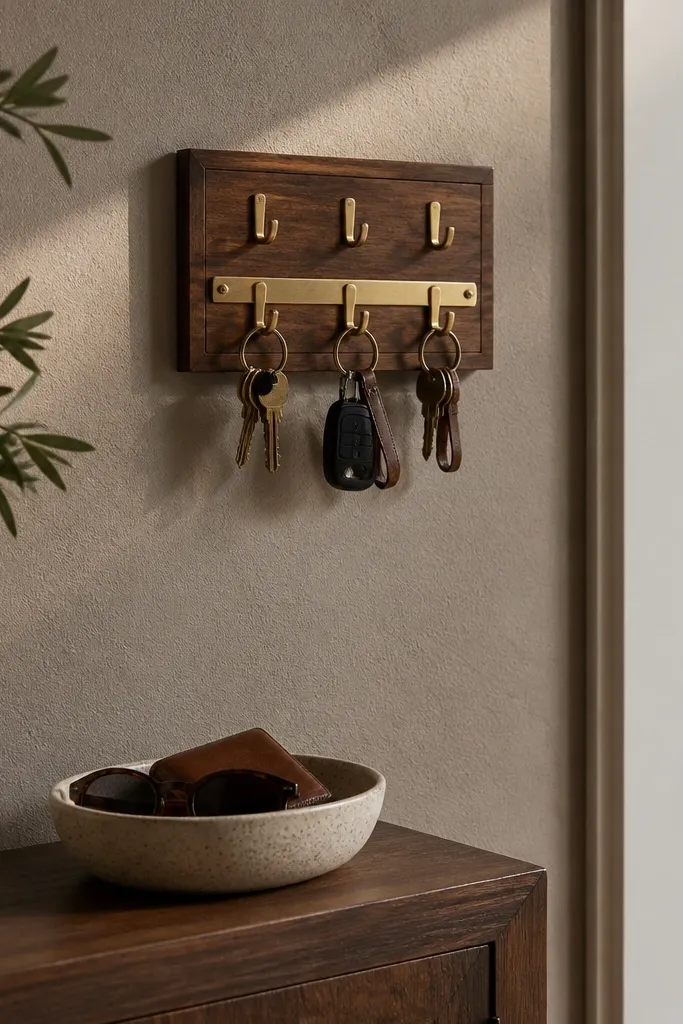 Key organizer mounted near the door with a small bowl on the console