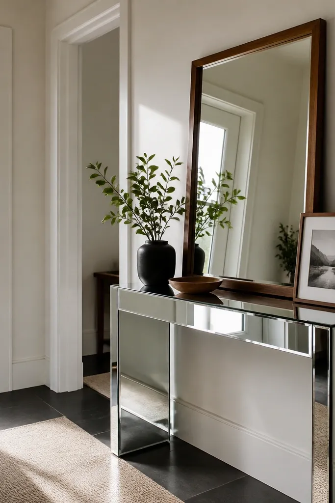 Mirrored console in a small entry with a warm wood frame mirror and one vase