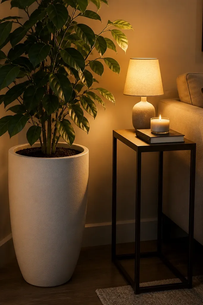 Tall indoor plant in a white planter by entry with a narrow side table and lamp