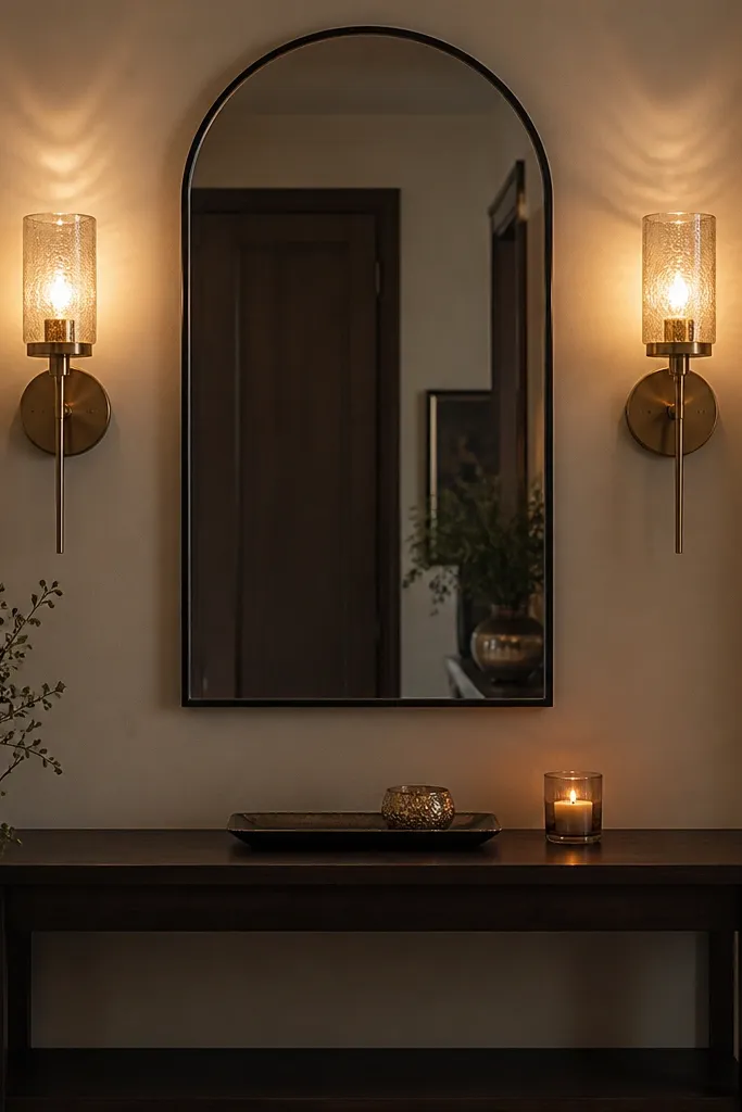 Two wall sconces on either side of a mirror with warm bulbs and a console below