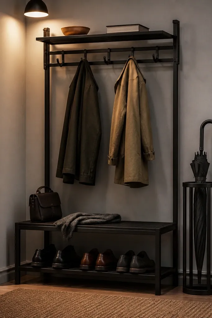 Coat rack with bench shelf and umbrella stand in matching black metal near the entry door