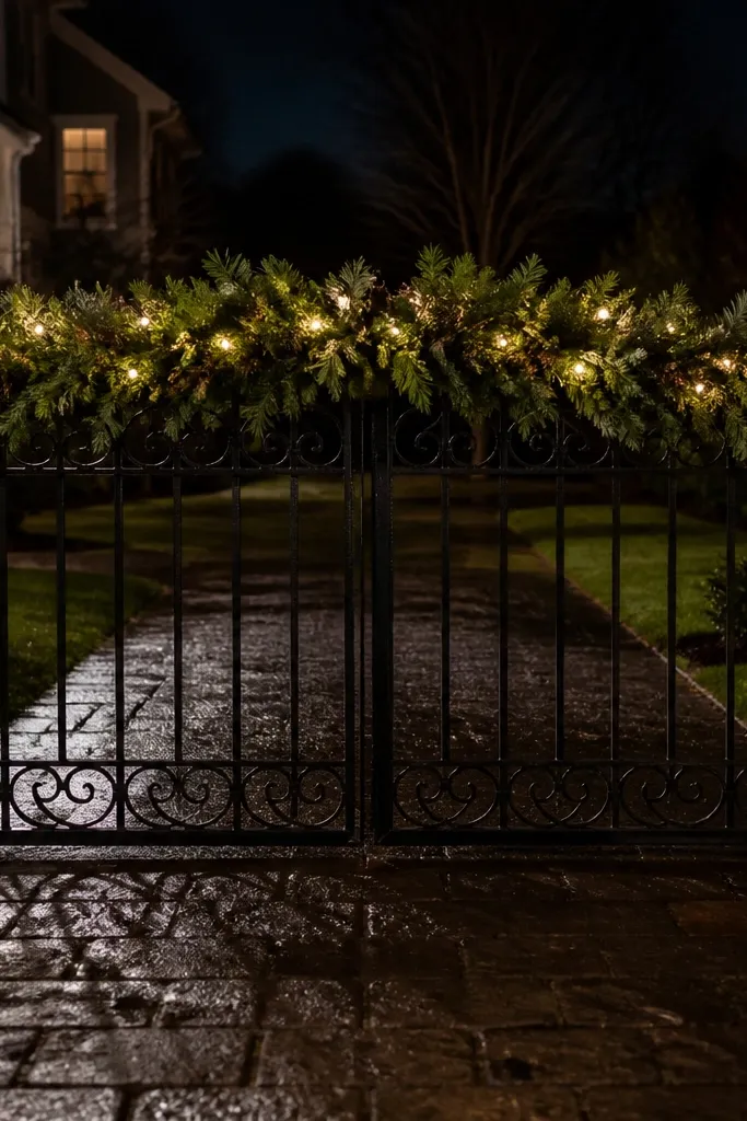 Dense evergreen garland across a gate top with warm white lights