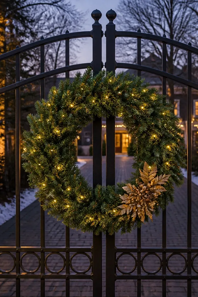 Large wreath centered on a gate panel at eye level with red accents