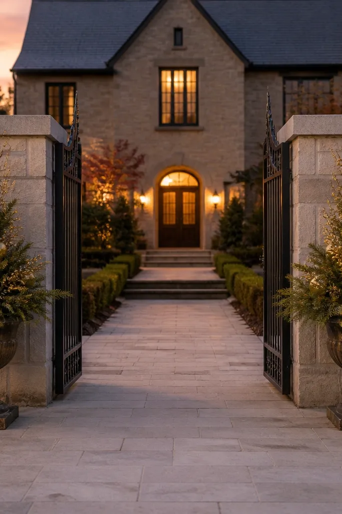 Two matching planters on gate sides with faux evergreens and red berries