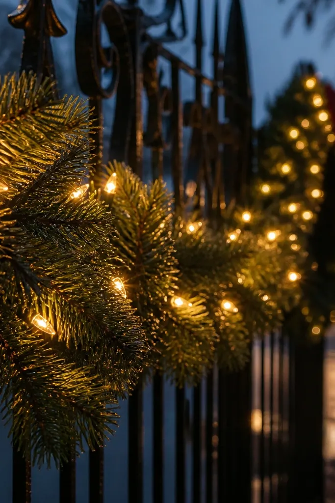 Warm white mini lights evenly spaced in garland and wreath