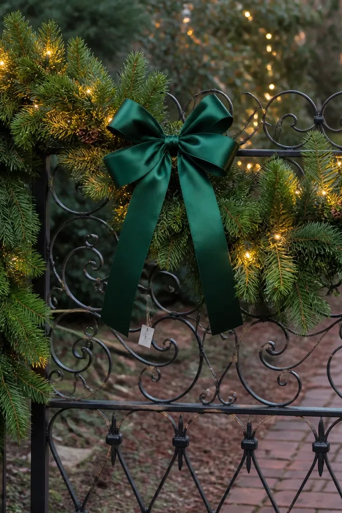 Two large red ribbon bows on a gate, tails hanging evenly