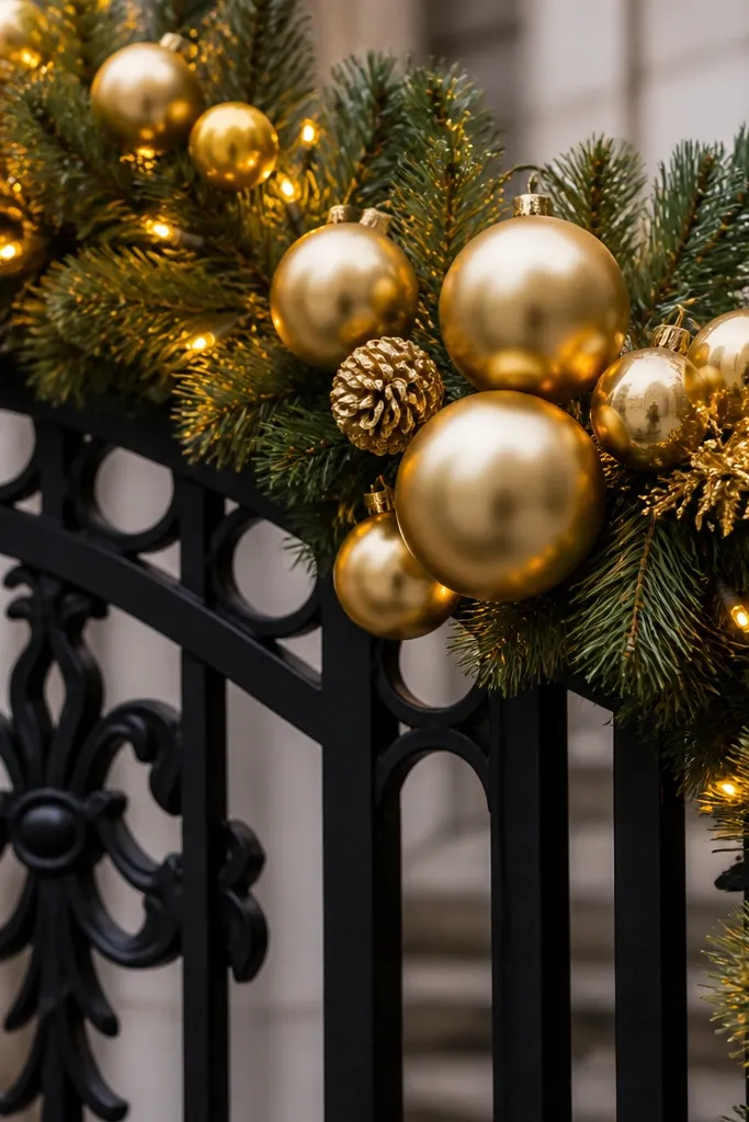 Gold ornaments and warm lights with gold accents on a green gate wreath
