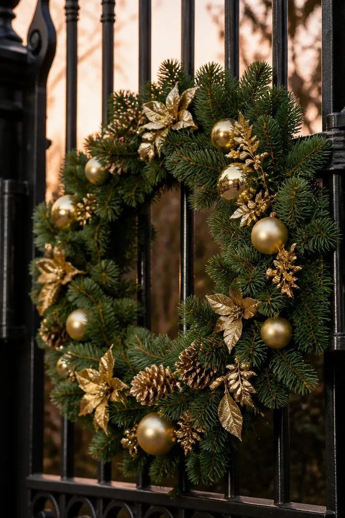 Garland secured with hidden clips on a dark metal gate with clean front view