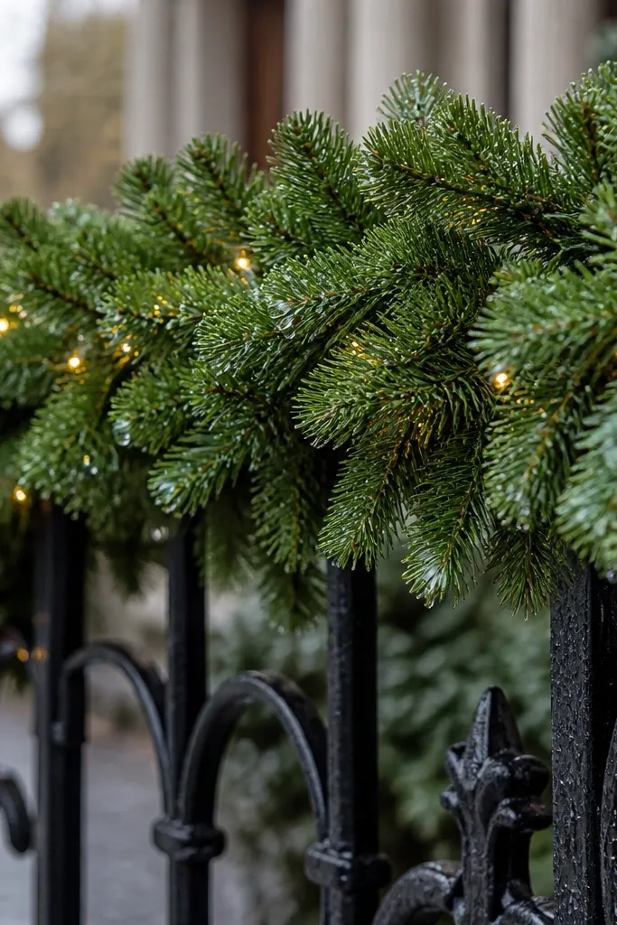 Full faux evergreen sprays on a gate with minimal gaps and no shedding